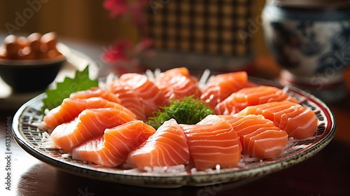 Capture a close - up of a beautifully arranged plate of salmon sashimi in a traditional Japanese restaurant. The Generative AI