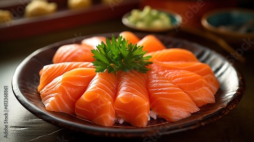 Capture a close - up of a beautifully arranged plate of salmon sashimi in a traditional Japanese restaurant. The Generative AI