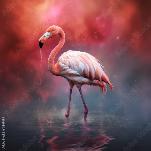 Beautiful Pink Flamingo wading through water  generative ai