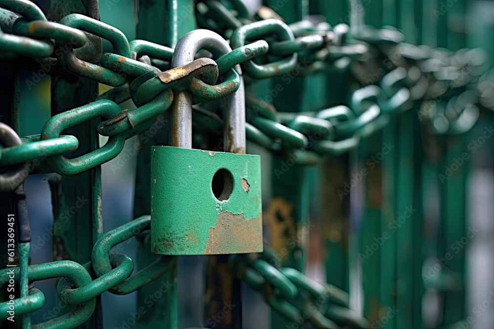 A Padlock Hangs On A Green Gate A Padlock Hangs On A Green Gate