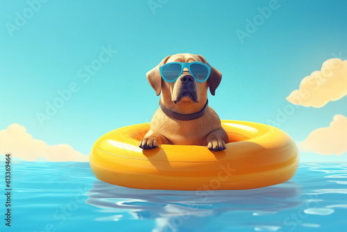 Cool funny dog in sunglasses floating on an inflatable ring in the water on a sunny day. Animal illustration Generative AI © Sergio