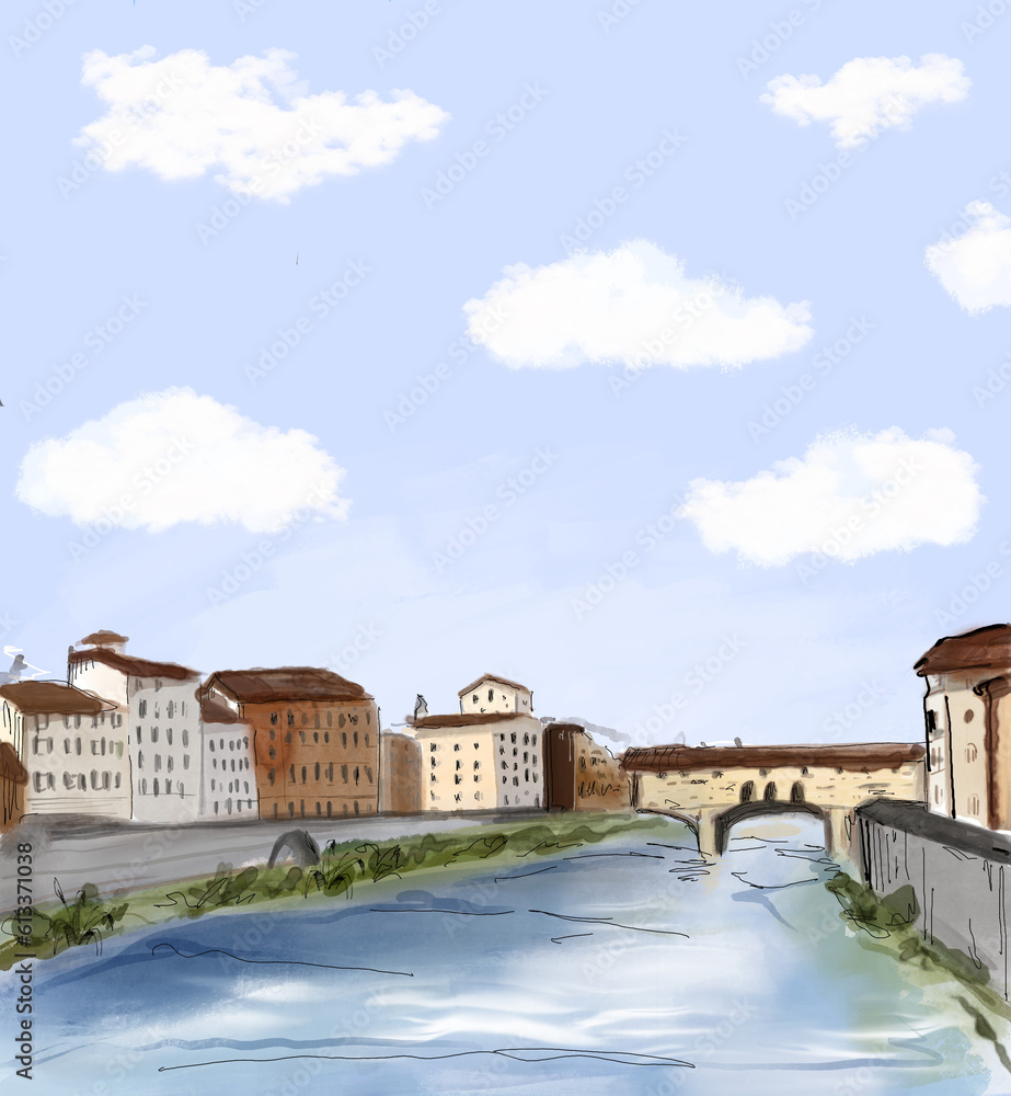 Watercolor illustration of Ponte Vecchio bridge in Florence. 
Watercolor of the old stone arch bridge over the Arno River, in Florence, Italy.