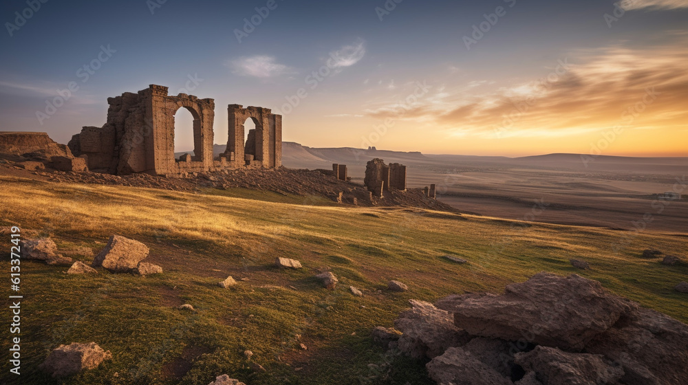 Fototapeta premium Generative AI, Ancient Ruins: Combine landscapes with historical element