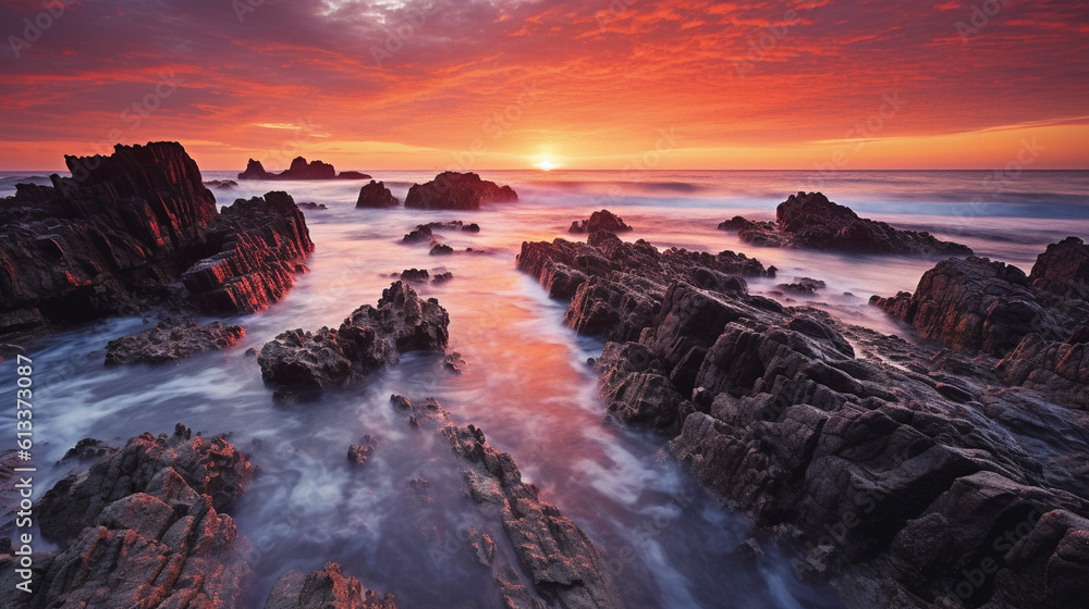 Fototapeta premium Generative AI, Coastal Sunsets: the breathtaking colors and textures of sunsets