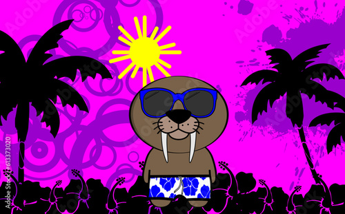 walrus cartoon with summer clothings tropical hawaiian background illustration in vector format