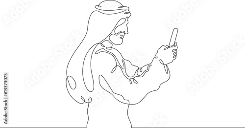 Arab with a phone in his hand. Man in gutra and kandura. Arab in a headscarf. Smartphone internet call. Eastern man. One continuous line. Linear.One continuous line drawn isolated, white background.