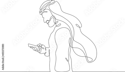 Arab with a phone in his hand. Man in gutra and kandura. Arab in a headscarf. Smartphone internet call. Eastern man. One continuous line. Linear.One continuous line drawn isolated, white background.