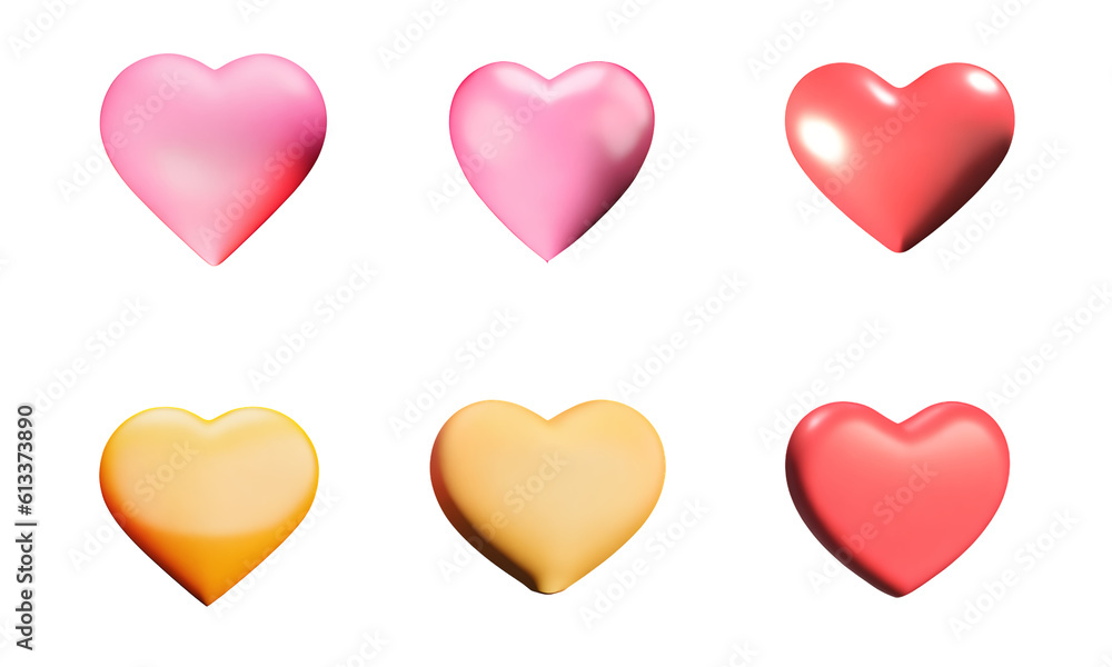 3d cartoon colorful heart shape toy collection, isolated on light pink background