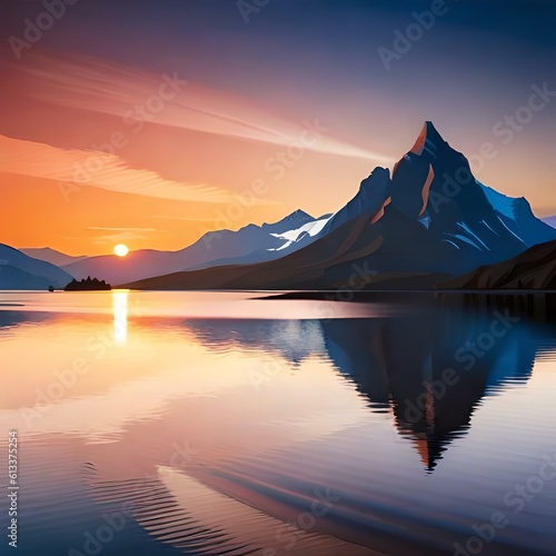 sunset over lake postcard illustration 