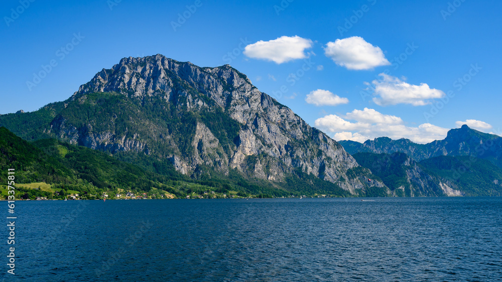 mountain traunstein near gmunden at lake traunsee in the upper austrian region salzkammergut