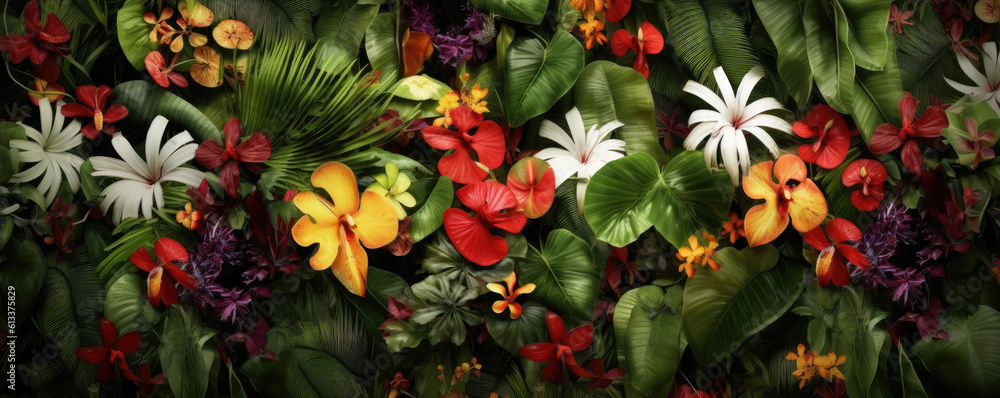 Top view tropical flowers plants. Generative AI Top view tropical flowers plants. Generative AI