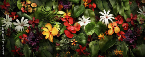 Top view tropical flowers plants. Generative AI © nornie