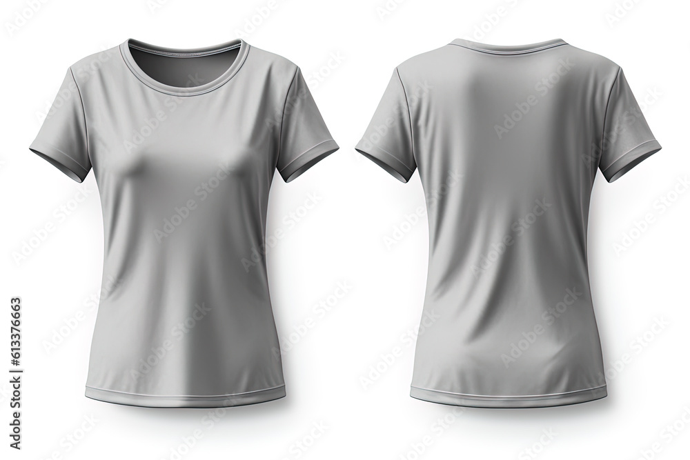 Grey female t-shirt realistic mockup set from front and back view, blank textile print design template for fashion apparel. Created with Generative AI Technology Grey female t-shirt realistic mockup set from front and back view, blank textile print design template for fashion apparel. Created with Generative AI Technology