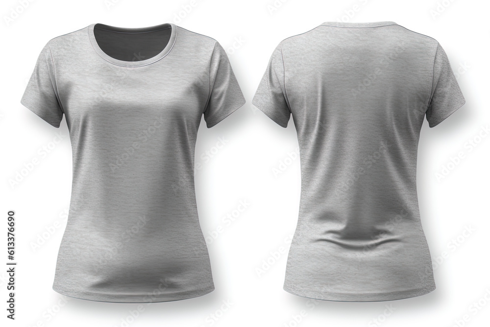 Grey female t-shirt realistic mockup set from front and back view, blank textile print design template for fashion apparel. Created with Generative AI Technology Grey female t-shirt realistic mockup set from front and back view, blank textile print design template for fashion apparel. Created with Generative AI Technology