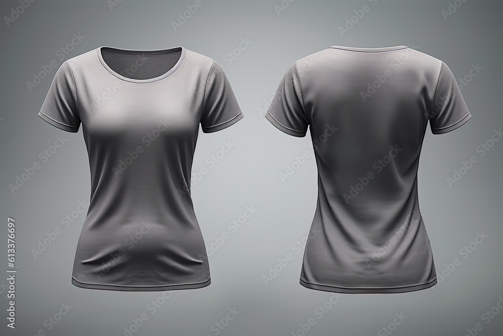 Grey female t-shirt realistic mockup set from front and back view, blank textile print design template for fashion apparel. Created with Generative AI Technology Grey female t-shirt realistic mockup set from front and back view, blank textile print design template for fashion apparel. Created with Generative AI Technology