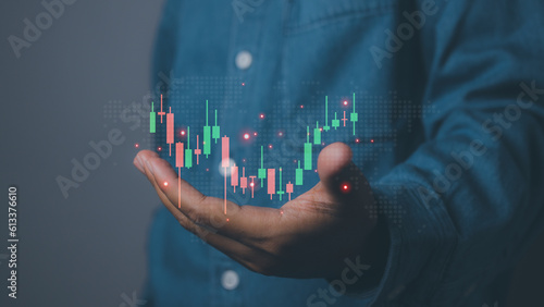 Goal business success strategy chart target and planning. Stock market, Business growth, progress or success. Stock market graph with man holding icon financial profit stock market development.