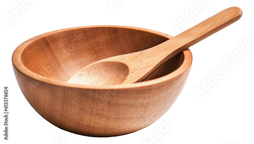 Empty wooden bowl with spoon isolated. Generative AI.