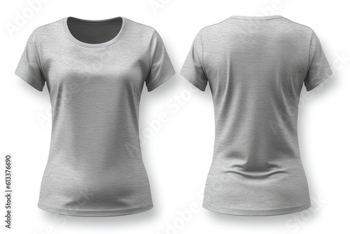 Grey female t-shirt realistic mockup set from front and back view, blank textile print design template for fashion apparel. Created with Generative AI Technology
