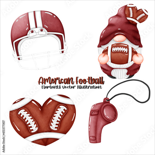 Gnome American Football Ball Helmet Whistle Element Watercolor Vector File  Clipart Cute cartoon vintage-Retro style For banner  poster  card  t shirt  sticker