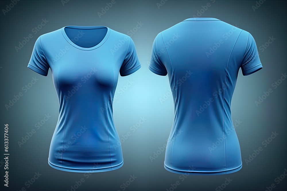 Blue female t-shirt realistic mockup set from front and back view, blank textile print design template for fashion apparel. Created with Generative AI Technology Blue female t-shirt realistic mockup set from front and back view, blank textile print design template for fashion apparel. Created with Generative AI Technology