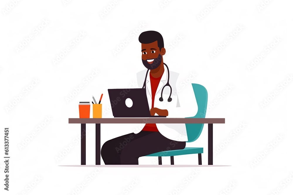 Generative AI.Smiling doctor in office with laptop on table consults and makes notes in patient's personal file.  Consultation and diagnostics.Modern health care services concept. 
