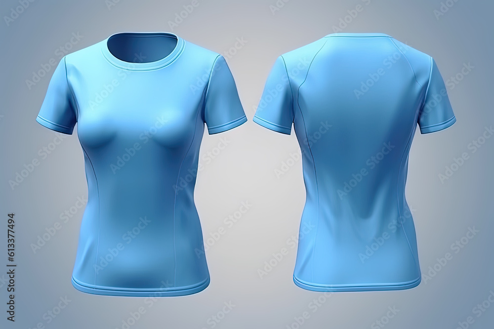 Blue female t-shirt realistic mockup set from front and back view, blank textile print design template for fashion apparel. Created with Generative AI Technology Blue female t-shirt realistic mockup set from front and back view, blank textile print design template for fashion apparel. Created with Generative AI Technology