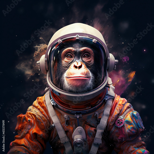 monkey in space stirring at the camera looking menacing , generative ai