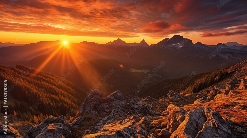 Generative AI, Aurora Peaks: Majestic Sunrise over Mountain Ranges