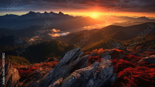 Generative AI, Aurora Peaks: Majestic Sunrise over Mountain Ranges © icehawk33
