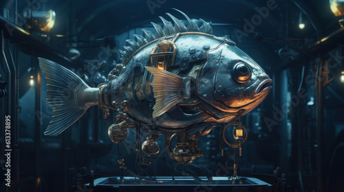 Fish metal cyborg. Cyberpunk concept. 