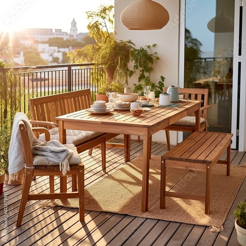 Breakfast on the table on the balcony. morning sun, ai © Professional Art