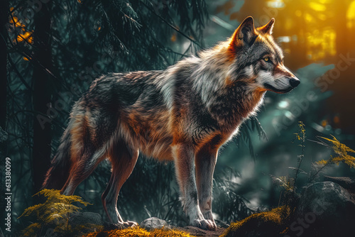 A magical fairy tale forest with a wolf. A mythical realm is like something out of a storybook © dewaai