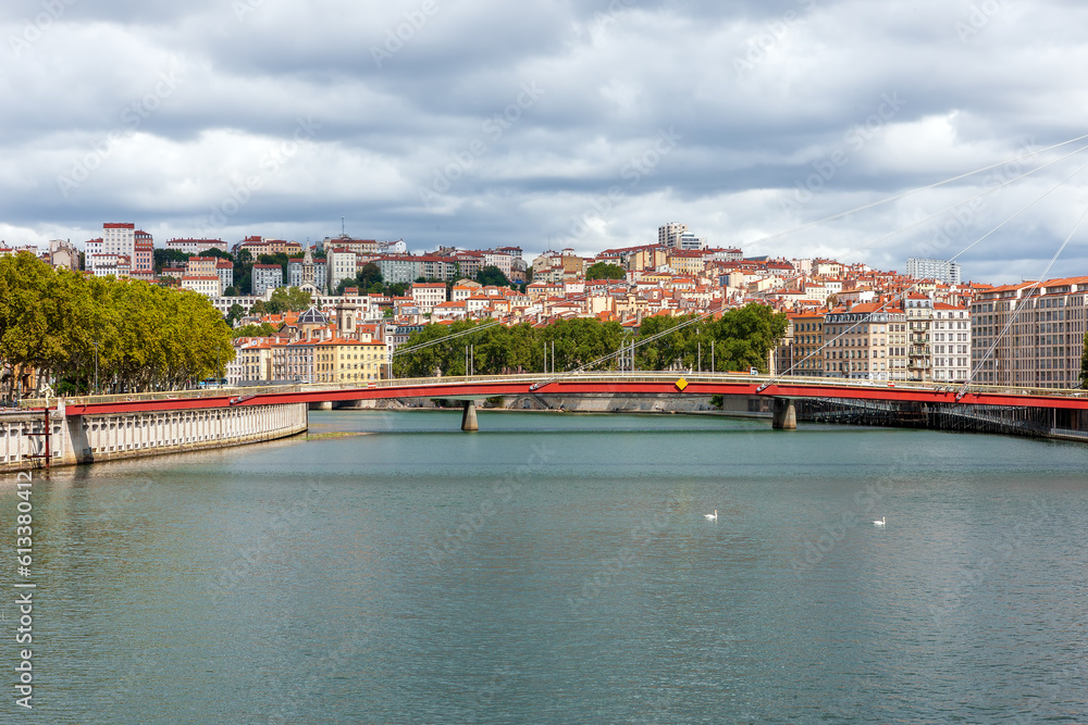 Fototapeta premium Pedestrian bridge on the Saone River, Lyon, Rhone department, France