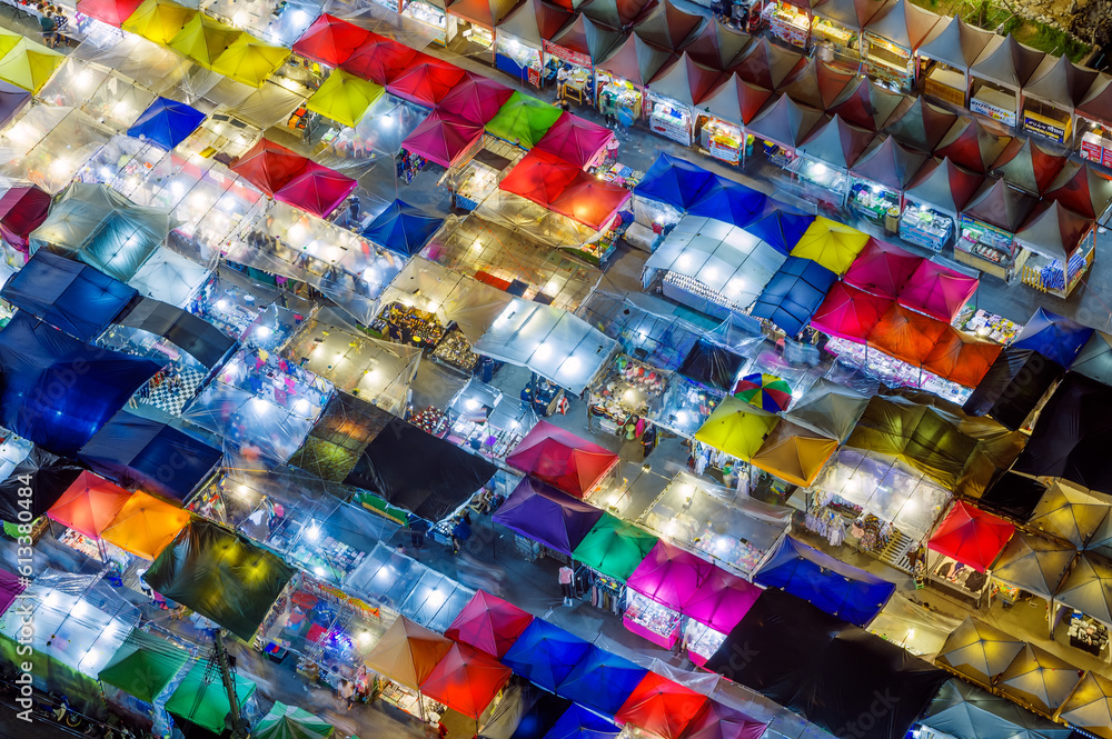 Night market with colorful tent, View from above of a night market in Bangkok.