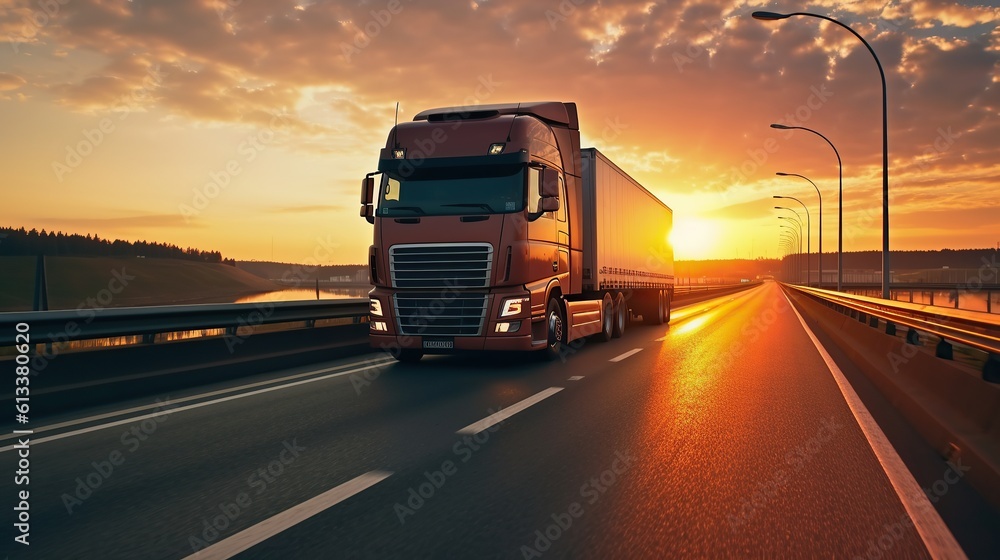 A large truck driving on a highway in sunset Generative AI