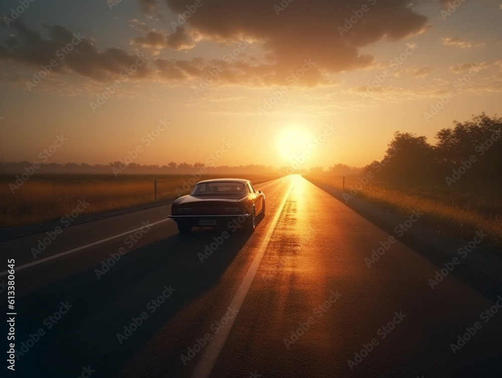 american muscle car driving on an empty road in the middle of the countryside, with a cloudy sky and a sunset in the background, Generative AI