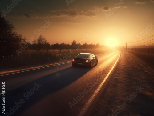car driving on an empty road in the middle of the countryside, with a cloudy sky and a sunset in the background, Generative AI © scrawled soul