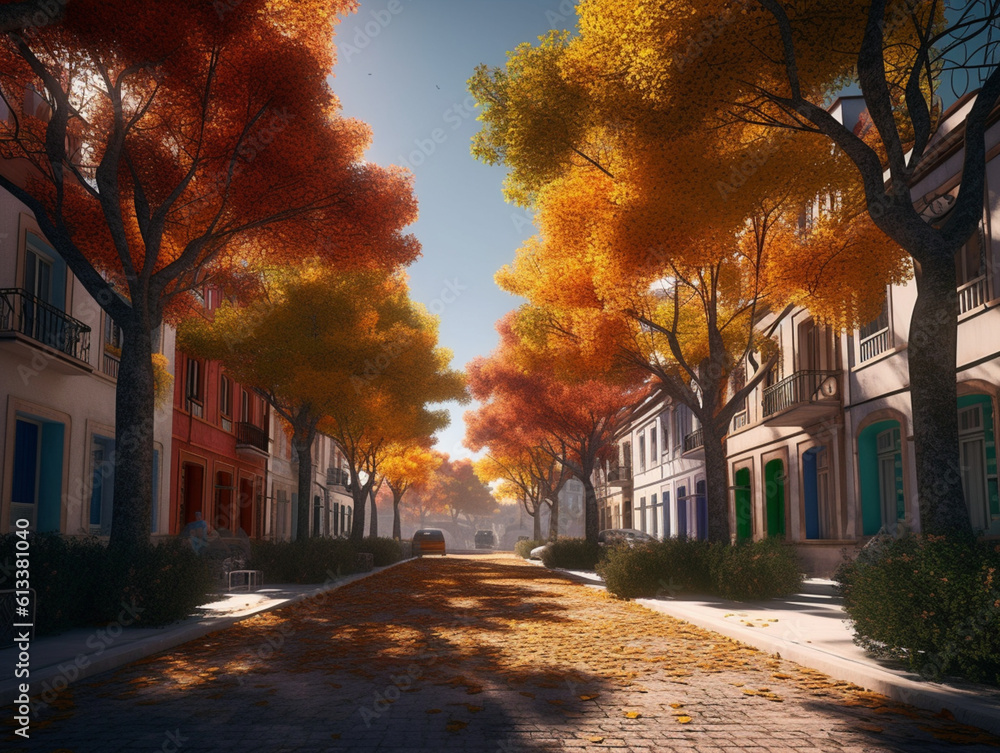 tree-lined street with low-rise buildings during autumn, Generative AI