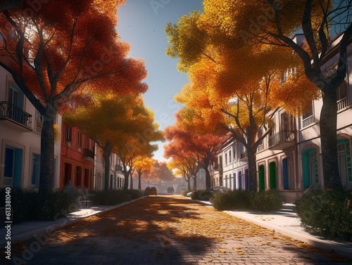 tree-lined street with low-rise buildings during autumn, Generative AI