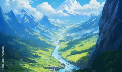 Mountain landscape with green hills, sandy road and natural valley. Vector picturesque place background, spring or summer nature, blue sky, Generative Ai