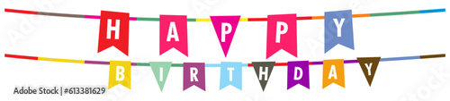Happy Birthday Banner. Carnival garland with flags. Party multicolored buntings flags . Design template for birthday celebration Birthday party flags with confetti on white background.