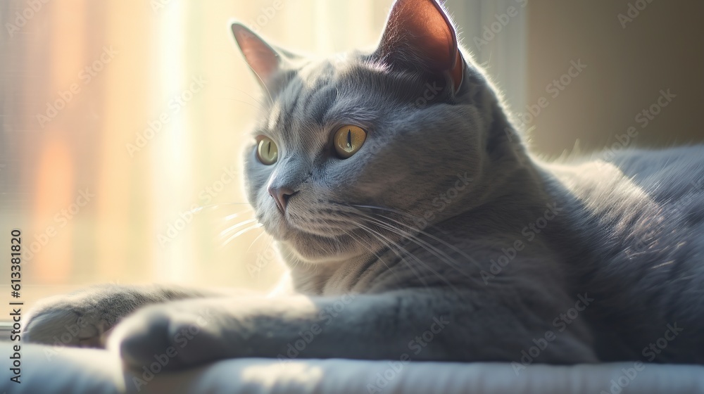 A short - haired gray cat, comfortably lying in a well - lit room. The cat is surrounded by soft pastel - colored Generative AI