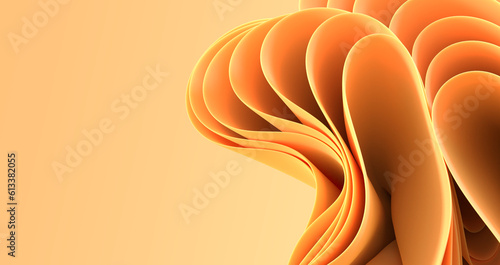 3d render abstract modern multi layer background with orange folded ribbons in shape flower. Fashion wallpaper with wavy fabric layers, lines, ruffles, gradient texture macro pattern. 3D illustration photo