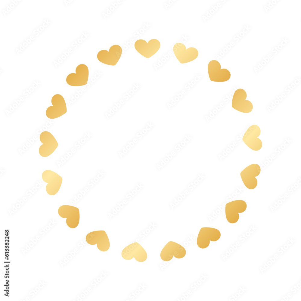 Golden round frame made with heart pattern. Gold Valentines Day Border Template, elegant wedding invitation card vector illustration Golden round frame made with heart pattern. Gold Valentines Day Border Template, elegant wedding invitation card vector illustration