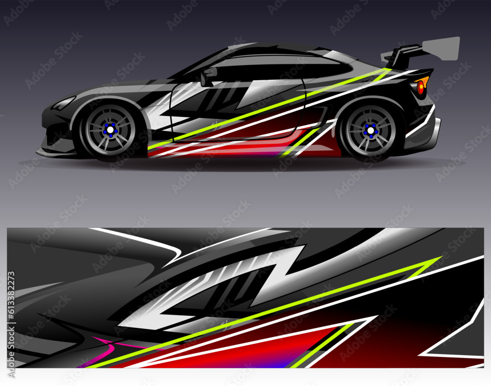 Car wrap design vector.Graphic abstract stripe racing background designs for vehicle, rally, race, adventure and car racing livery