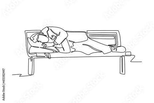 Continuous one line drawing Homeless People Concept. Single line draw design vector graphic illustration.