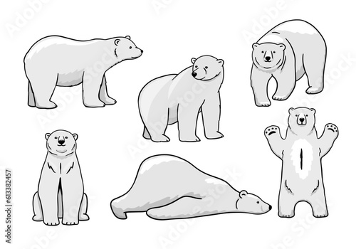 White polar bear set. Funny polar bear is lying. Vector flat cartoon illustration isolated on white background.