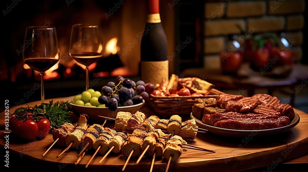 A wide angle food photography of babarbecue on skewers and a side of toast, a bottle of wine, ( outside table of Generative AI