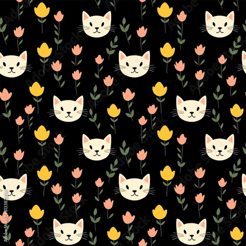 cute cat and flower seamless pattern