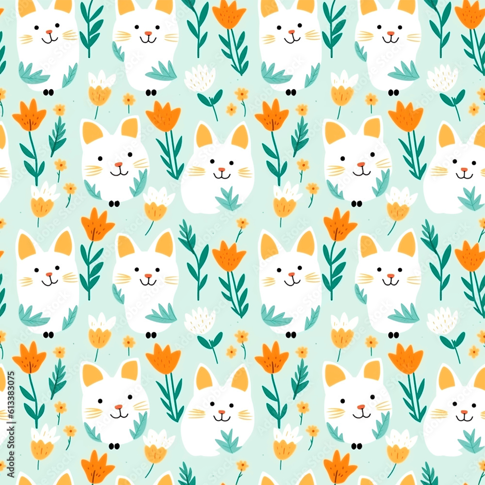 cute cat and flower seamless pattern